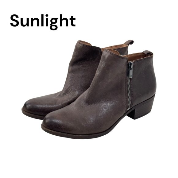 Lucky Brand Women Brown Leather Ankle Booties Size 9M Side Zipper Block Heels - Picture 1 of 16